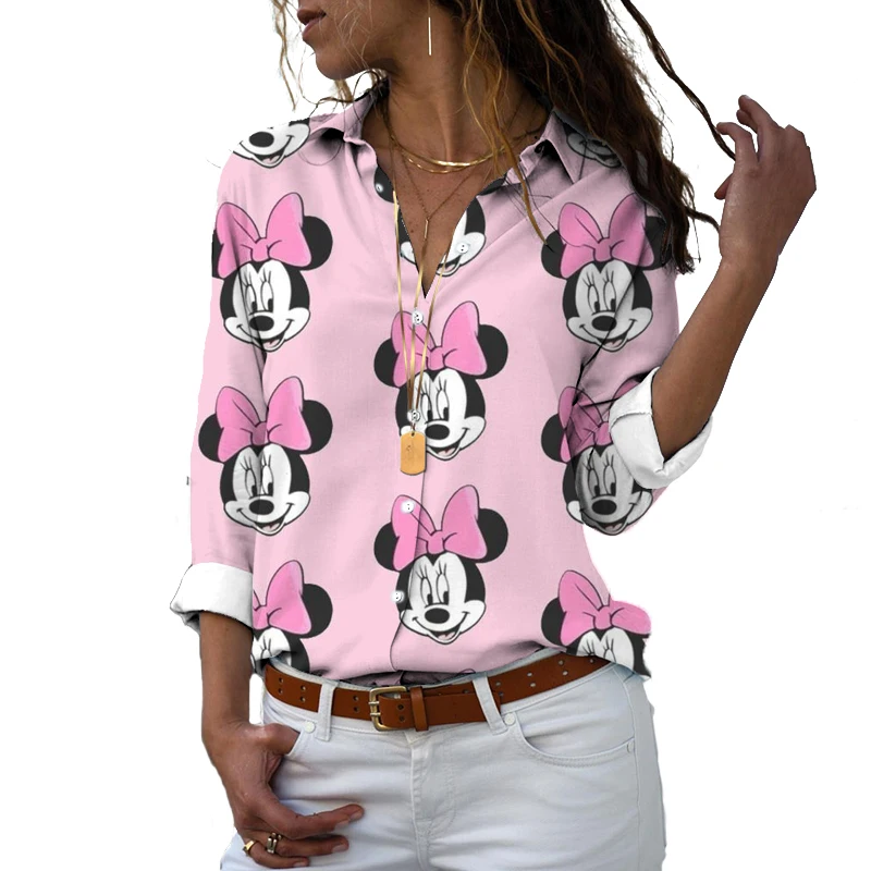 Camisa estampada feminina Minnie Cartoon, manga comprida, de peito único, lapela, Harajuku, moda casual, outono, Y2K, 2024