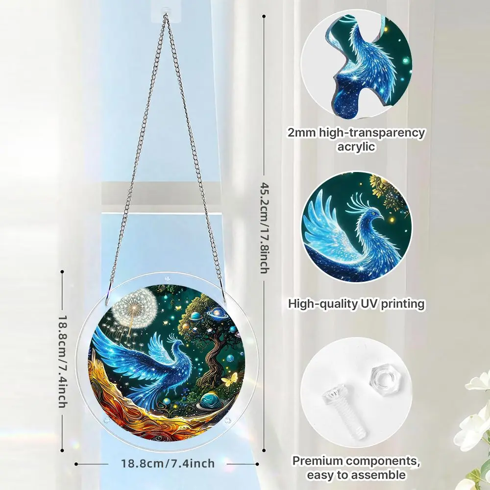 Blue Phoenix And Dandelion Tree Acrylic Puzzle Suncatcher, 57 Pieces Acrylic Jigsaw Puzzle Ornaments For Home Decoration