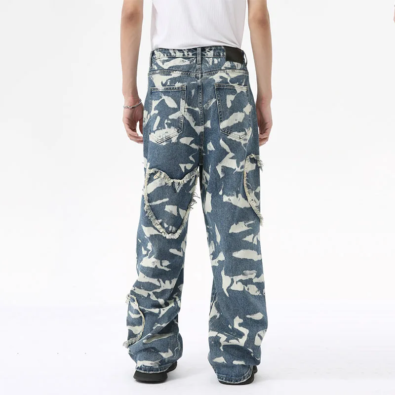 Heart Style Patchwork Hip Hop Jeans Pants Straight Streetwear Hi Street Denim Trousers For Male