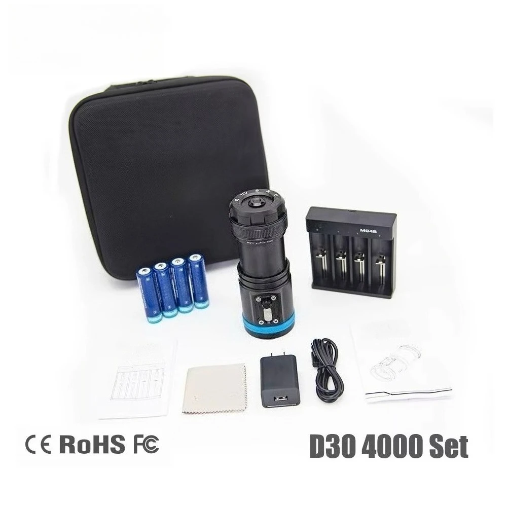 Xtar D30 4000 Lumens Underwater Cam era Diving Flashlight Fill Light Photography Flashlight with Red Blue Uv Purple Light