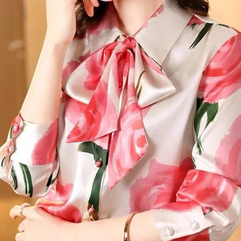 Ladies Temperament Printing Long Sleeve Blouse Autumn Elegant Lacing Bow Buttons Shirts Women Clothing Fashion Floral Top Tee