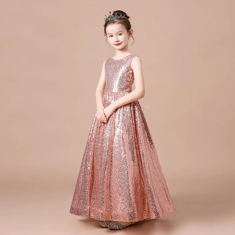 Kids Birthday Party Dress Rose Gold Sparkling Sequin Long Sleeveless Dresses Little Girls Princess Christmas Halloween Party