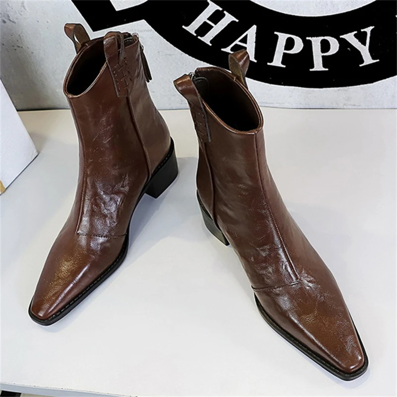 

Brand Woman Shoes Designer Punk Vintage Pointed Toe Women Ankle Boots Autumn Winter Zipper Shoes Fashion Square Heel Botas Mujer