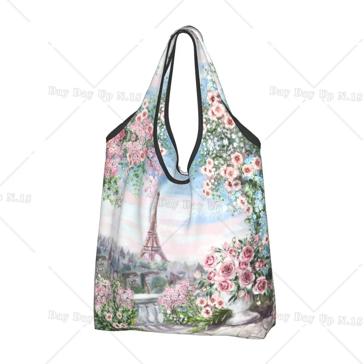 Large Reusable France Paris Eiffel Tower Grocery Bags Watercolor Floral Art Flower Shopping Tote Bag Washable Lightweight