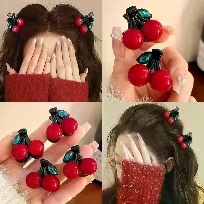 Red Beads Cherry Small Hair Clips: 2PCS Girls Sweet Mini Bangs Side Versatile Top Broken Jewelry