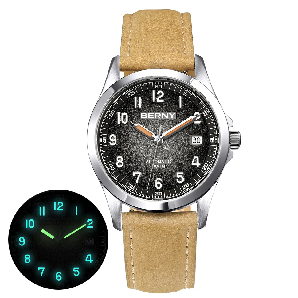 BERNY Automatikuhr mit mattiertem Zifferblatt für Herren, leuchtende mechanische Original ST2130 Armbanduhr, Saphir-Luxus-Herrenuhr, 10ATM wasserdicht