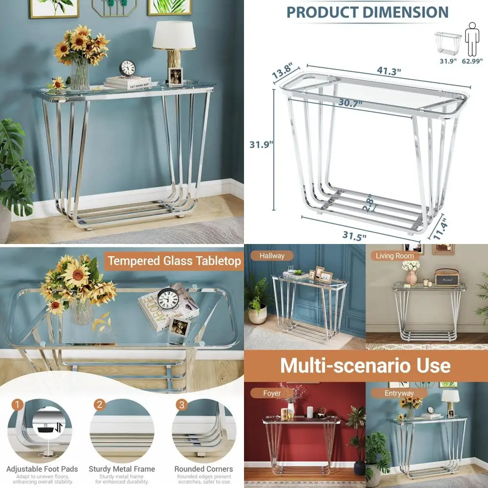 glass console table for entryway, modern entrance table with tempered glass & chrome frame, silver sofa table for living room h