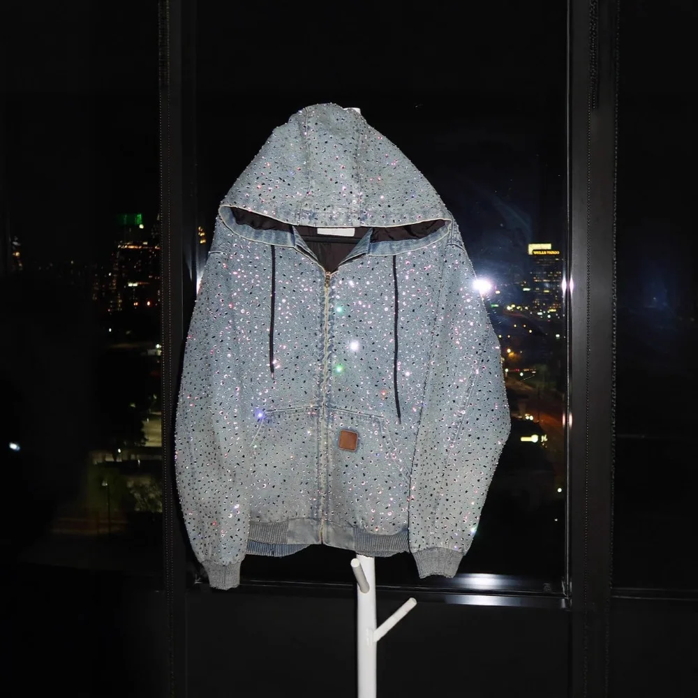 High Street Hip-Hop Rhinestone Hooded Jacket Zipper Sweatshirt Casual Y2K Coat Denim Hoodie Jacket Female Spring Autumn
