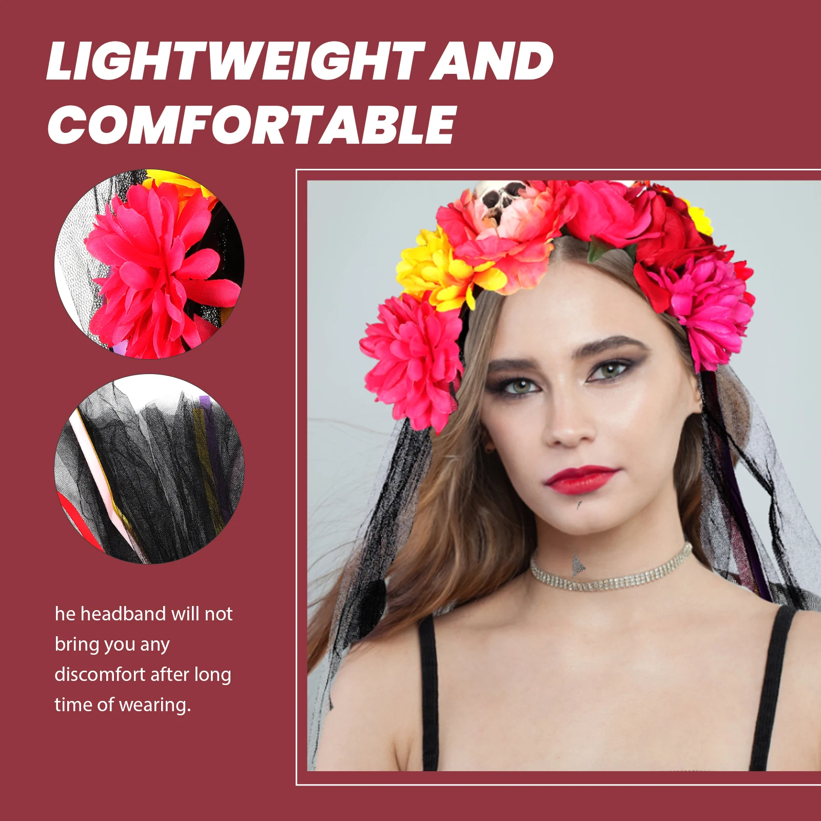 

Skull Headb Simulation Flower Veil Halloween Cosplay Prop Red YellowRed Mesh Headwear Lightweight Comfortable Party for Costume