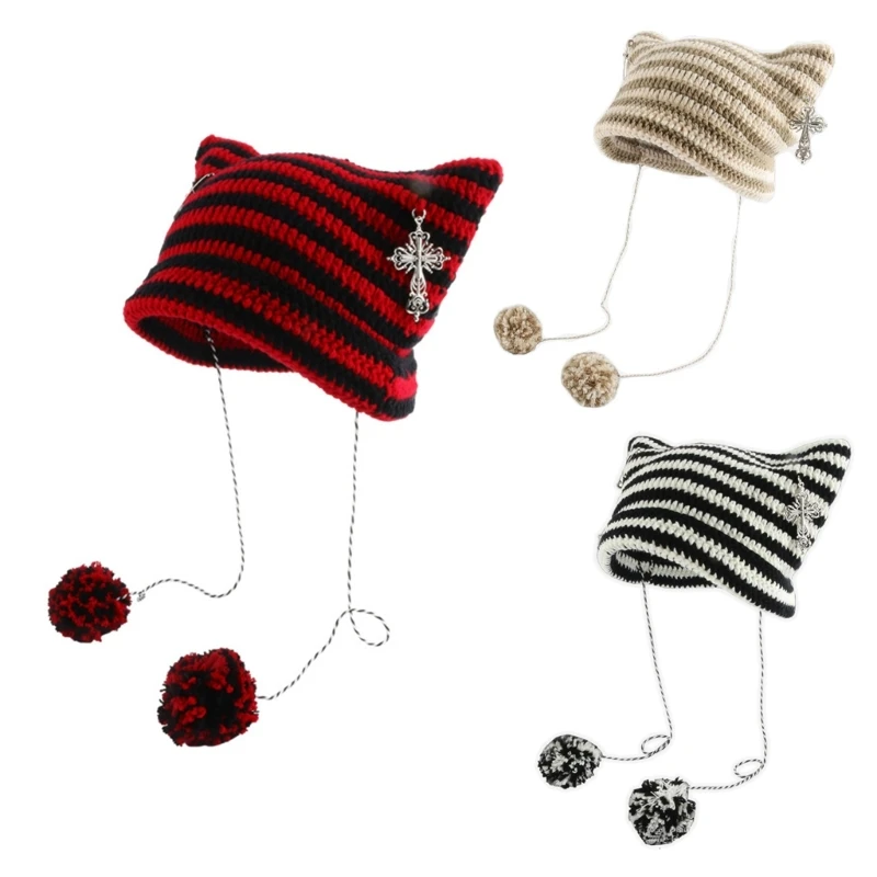 

Devil Horn Hat Little Devil Hat Striped Knit Hat Ear Beanie Earflap Beanie