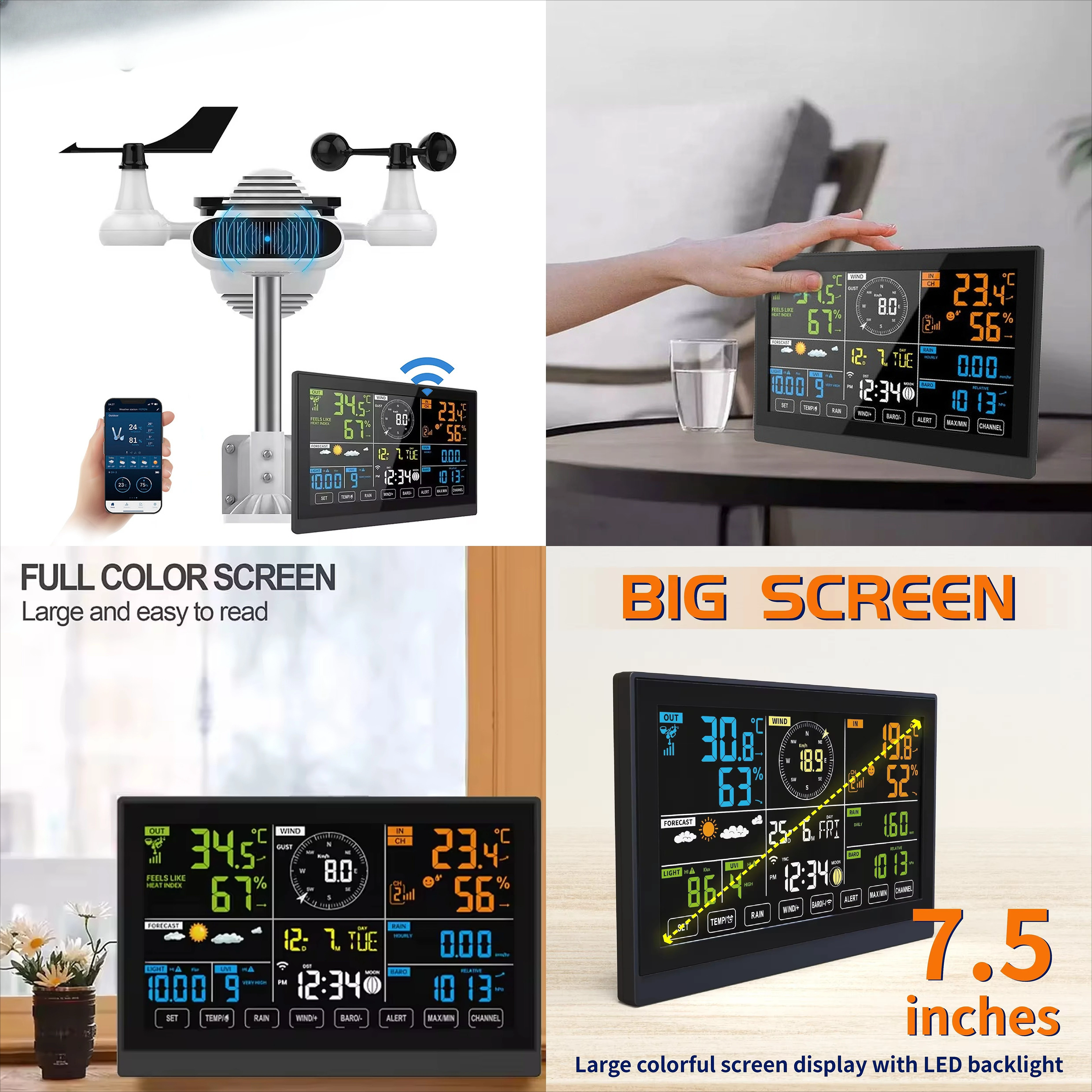 WiFi Tuya 7-in-1 Professional Weather Station with Solar Panel UVI Light Intensity Digital Forecast