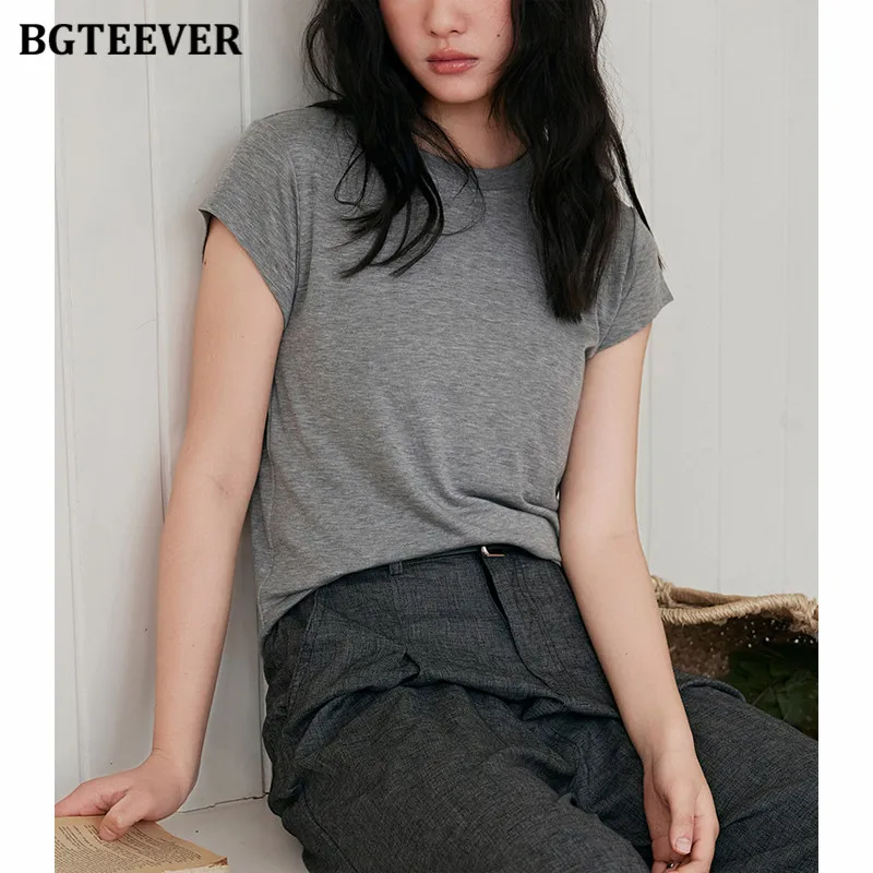 BGTEEVER Summer Silk Wool Short-Sleeved T-Shirt for Women Round Neck Design, Slim Fit Solid Colour Comfortable Tops