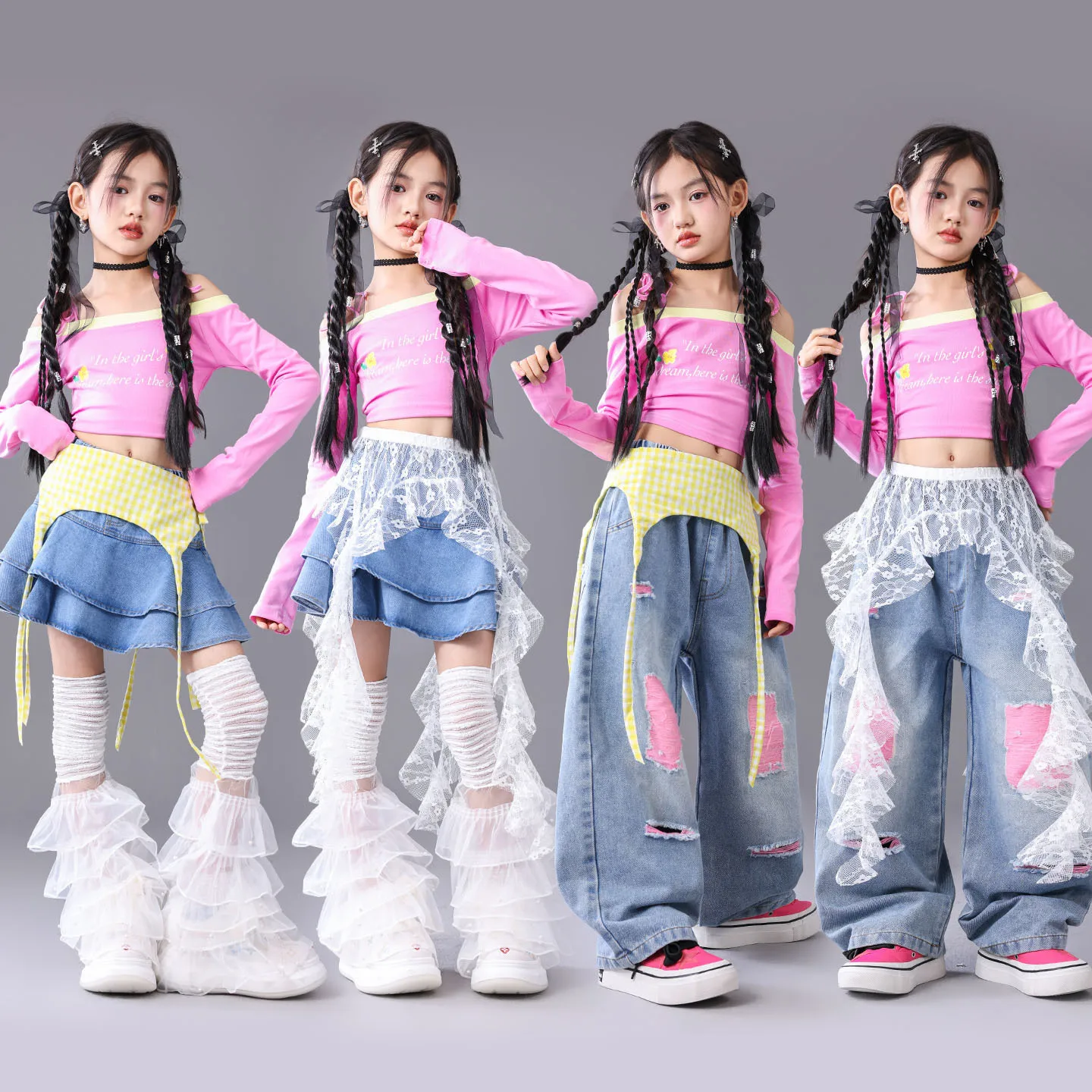 

Детская одежда в стиле K-pop и хип-хоп: розовая укороченная футболка с вырезом-лодочкой, синяя джинсовая многослойная юбка, рваные джинсы для девочек, танцевальные костюмы