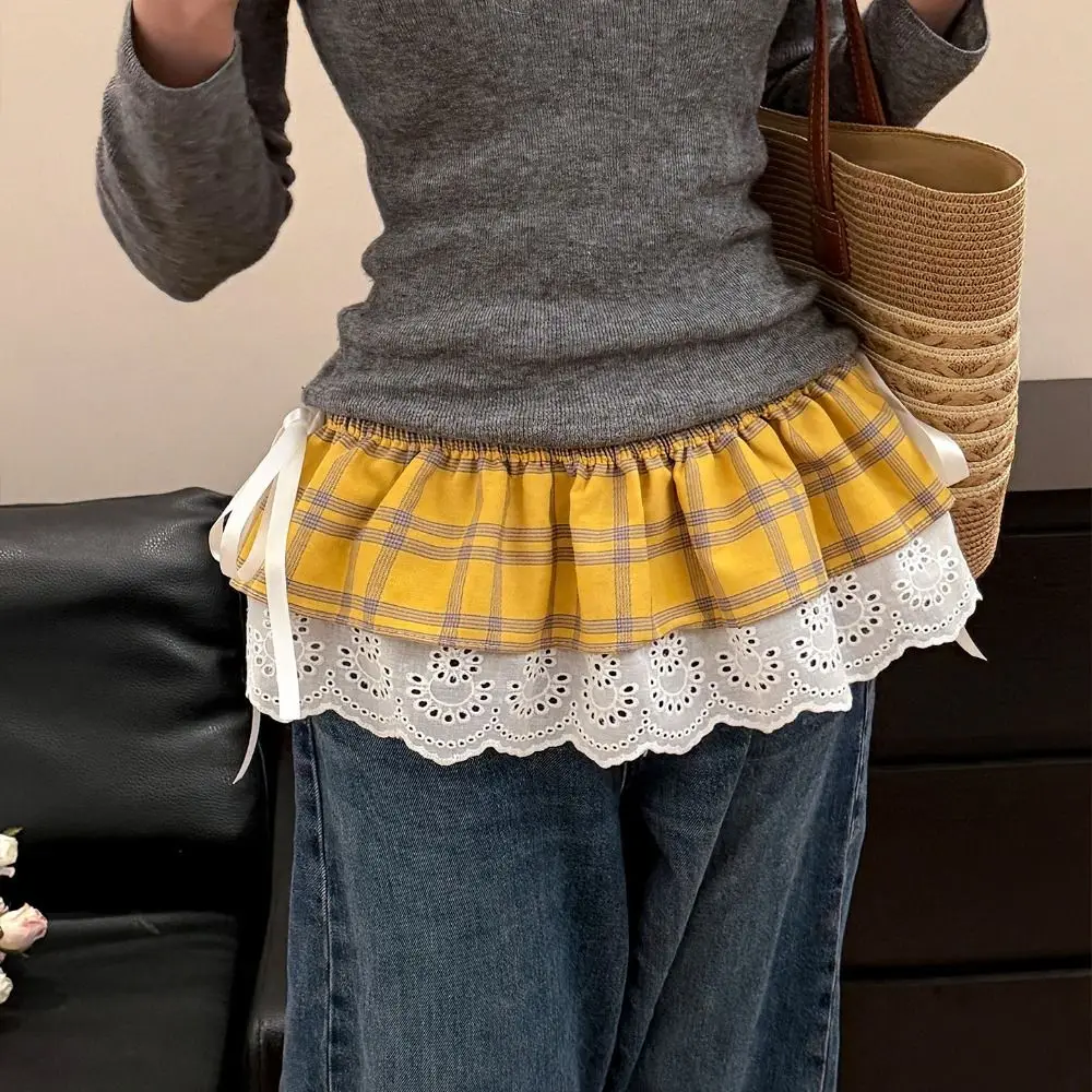 

Fashion Balletcore Plaid Fart Curtain Lace Up Korean Style Ruffle Short Skirts Layered Stacked Lace Mini Skirts Women