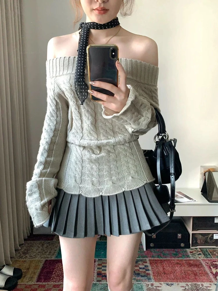 Deeptown gaya Korea seksi dari bahu sweter wanita manis elegan lengan panjang rajutan Pullover mode lucu ramping Sweater