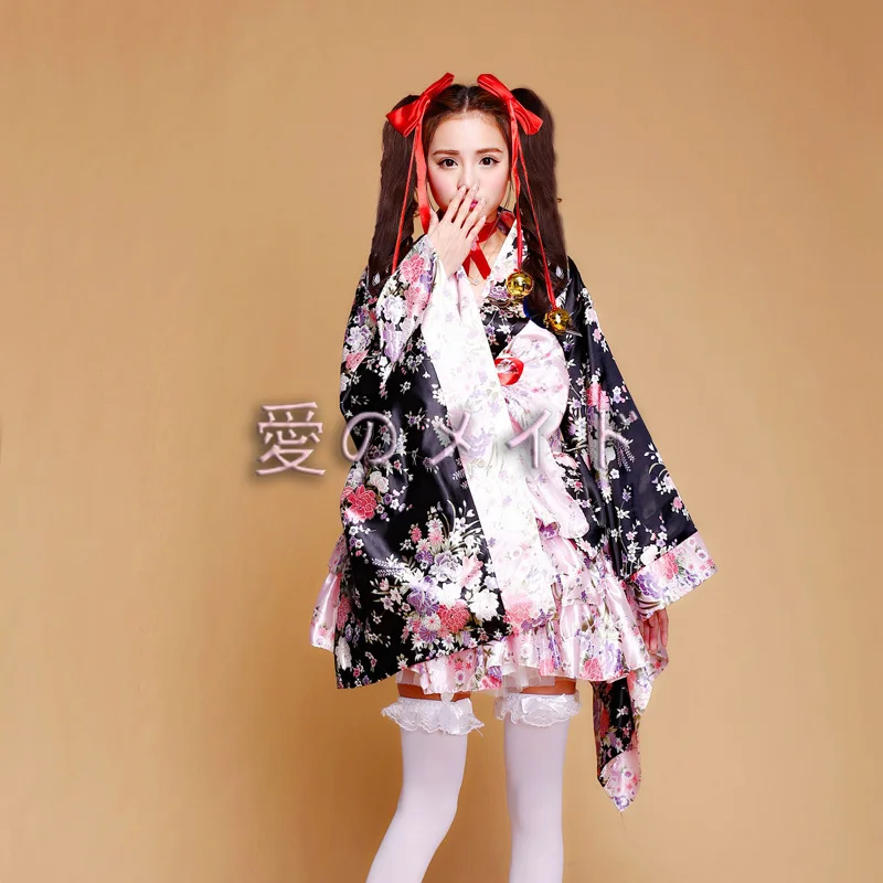 6-piece set of heavy cherry blossom cosplay anime costumes, kimono maid costumes, Lolita princess dress