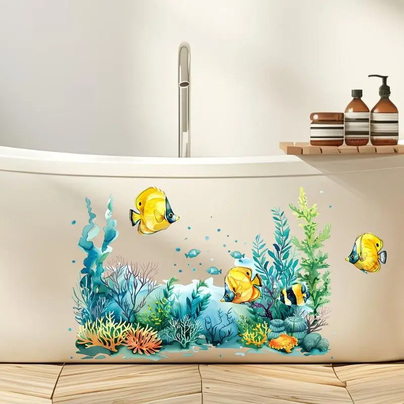 For Nursery Bathroom Shower Background Wall Self-Adhesive Decoration Ocean Sea Animals Fishes and Seaweed Coral Bathtub Sticker