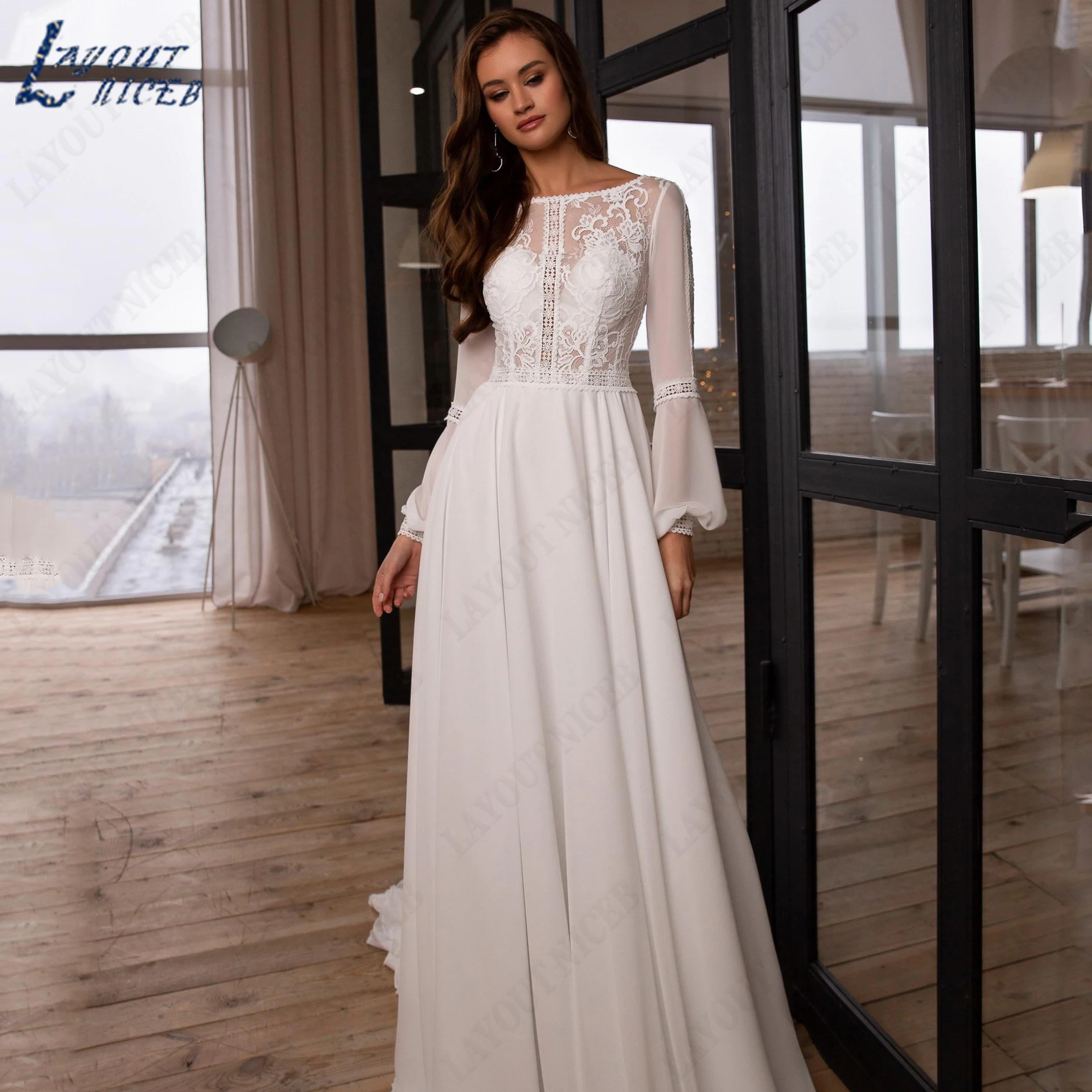 LAYOUT NICEB Customized Boat Neck Long Sleeve Lace Bridal Gown Flowy Chiffon A-Line Open Back 2026 Wedding Dress Bride