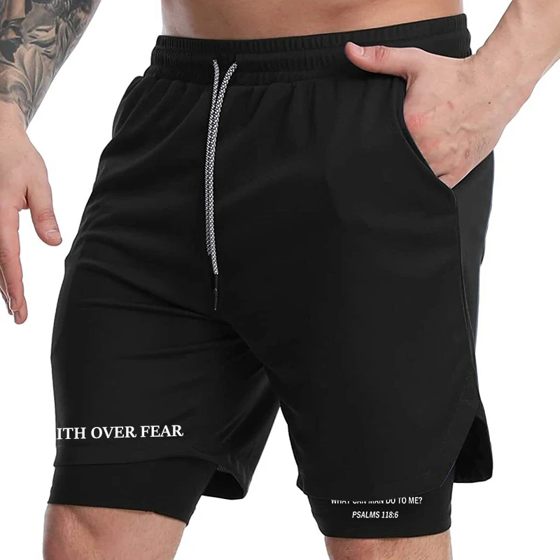 Print 2 in 1 Running Workout Shorts for Men Christian Gym Athletic Performance Shorts with Phone Pocket Towel Loop Activewear image 5