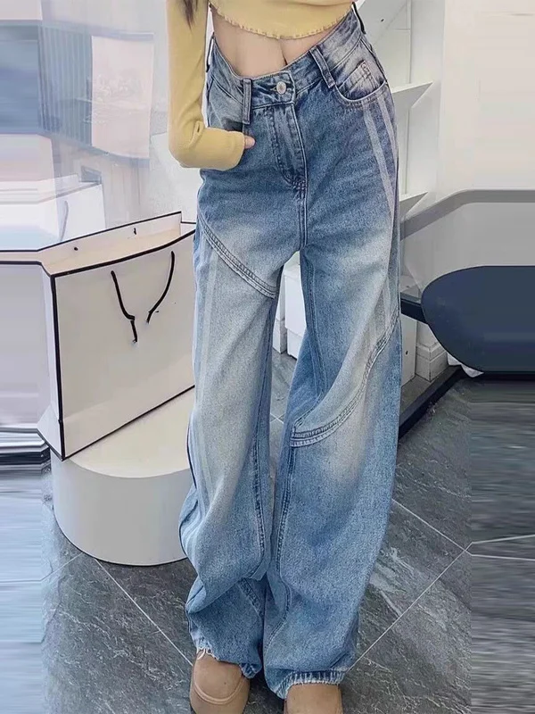 

Stylish High Waist Wide Leg Jeans Women's European Version Super Cool Side Stripe Splicing Straight Long Pants Casual Jeans