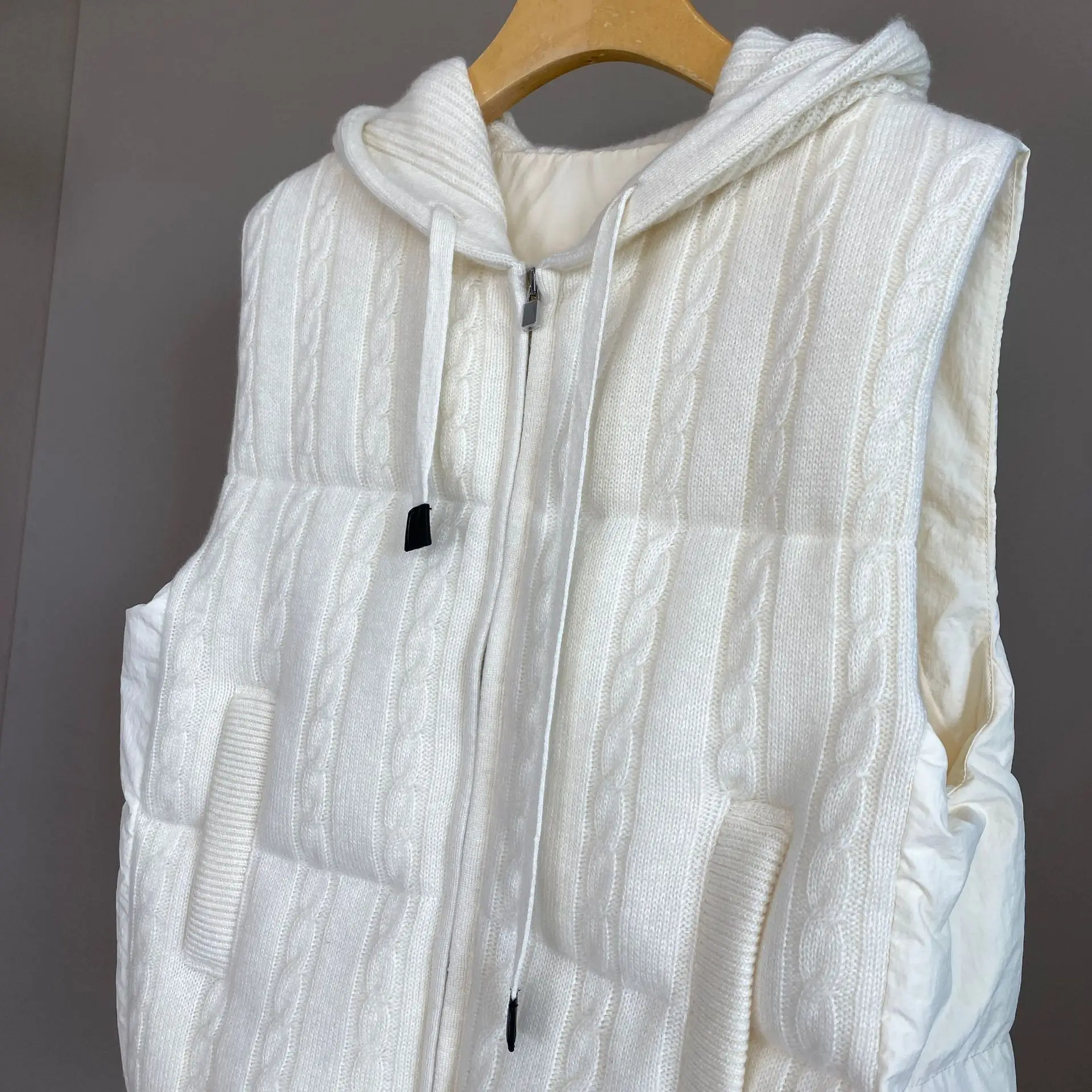 2025 outono e inverno novo colete de malha de linho de caxemira com capuz elegante e versátil casual colete de penas de ganso