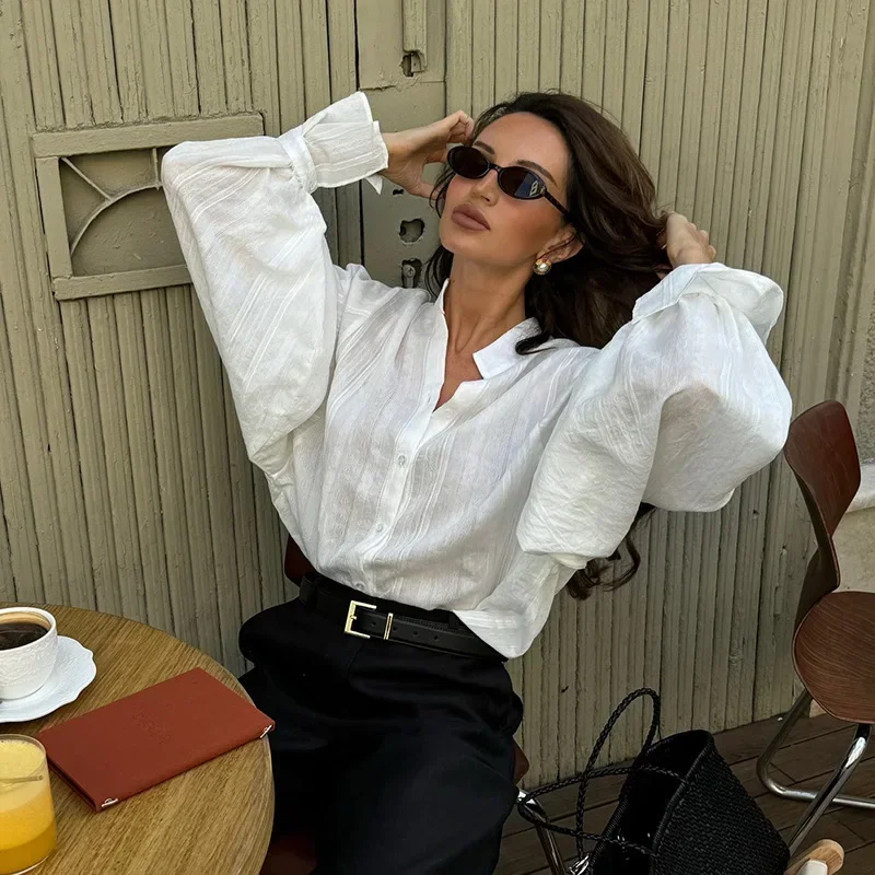 

Women's Top Solid Color Fashion Women's Blouse Puff Sleeve Single Breasted Loose Versatile Shirt Casual 2025 Spring Loose New