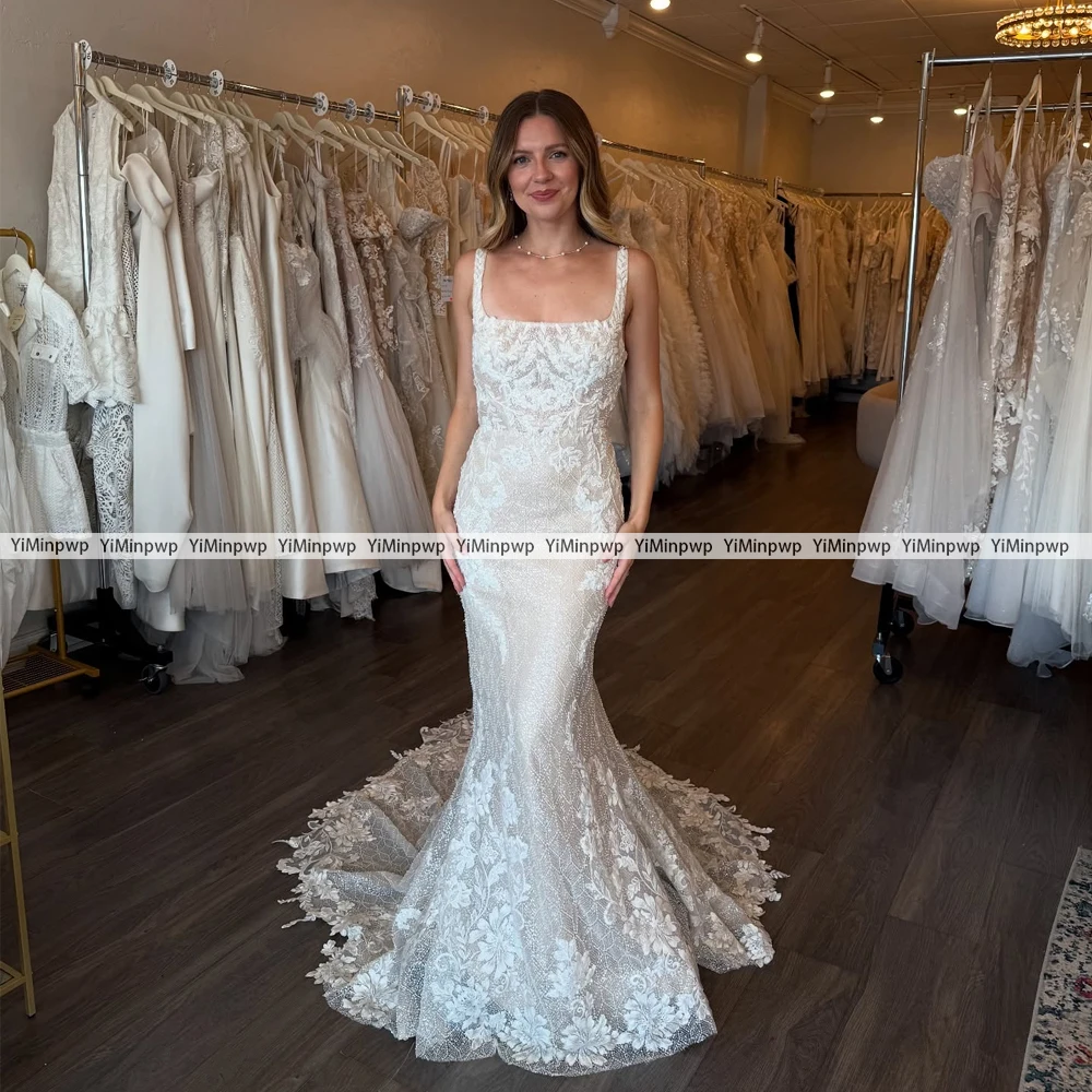 Luxurious Mermaid Wedding Dress Lace With Applique Spaghetti Straps Shiny Bridal Dress Backless Vestido De Novia Customized