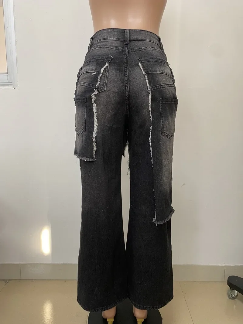 شرابة ثقوب الدنيم السراويل موضة المرقعة المرأة عالية الخصر زر يطير فضفاض مستقيم الجينز عادية الشارع الشهير بنطلون قيعان