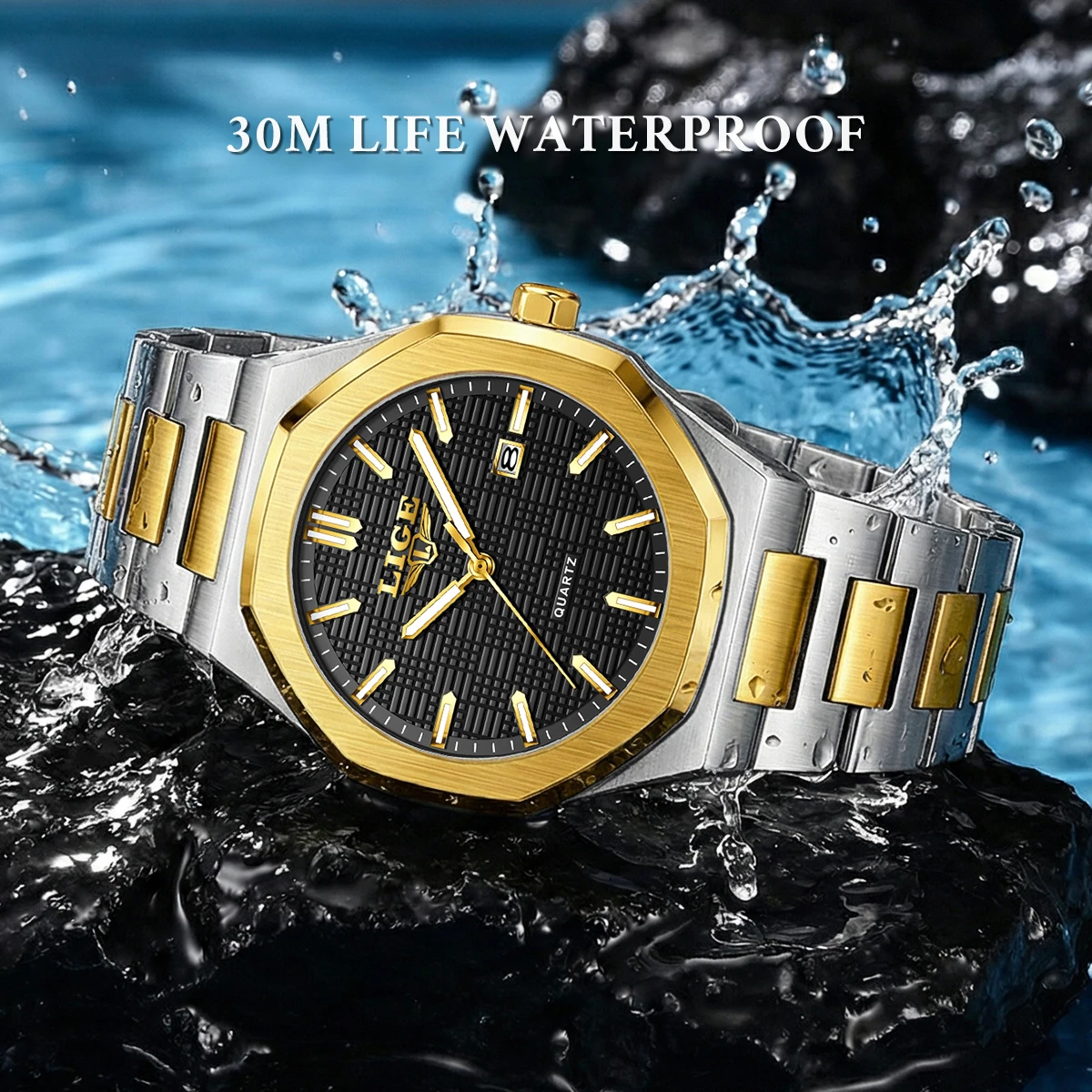 LIGE Men's Watches Minimalist Grid-Pattern Stainless Steel Wristwatch with Calendar Function Quartz Watch For Christmas Gifts