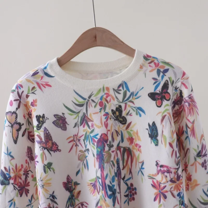 Vintage Butterfly Flower Print Women\'s Sweater for Women Autumn Winter O Neck Long Sleeve Pullover Tops Knitted Female Clothes