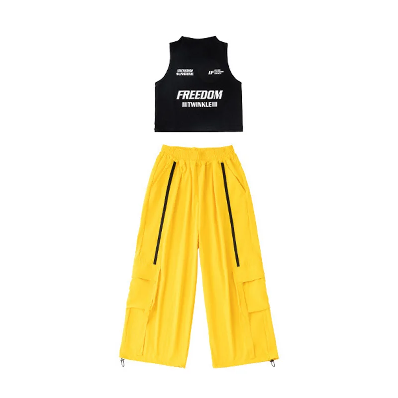 Mädchen Street Dance Kleidung Schwarze Weste Gelbe Hose Karierter Rock Cheerleading Performance Kostüm Kpop Hip Hop Bühnenoutfits