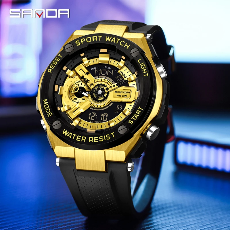 SANDA-reloj despertador deportivo multifuncional para hombre, cronógrafo Digital con luz de elevación de manos, resistente al agua y a prueba de golpes, novedad de 3170