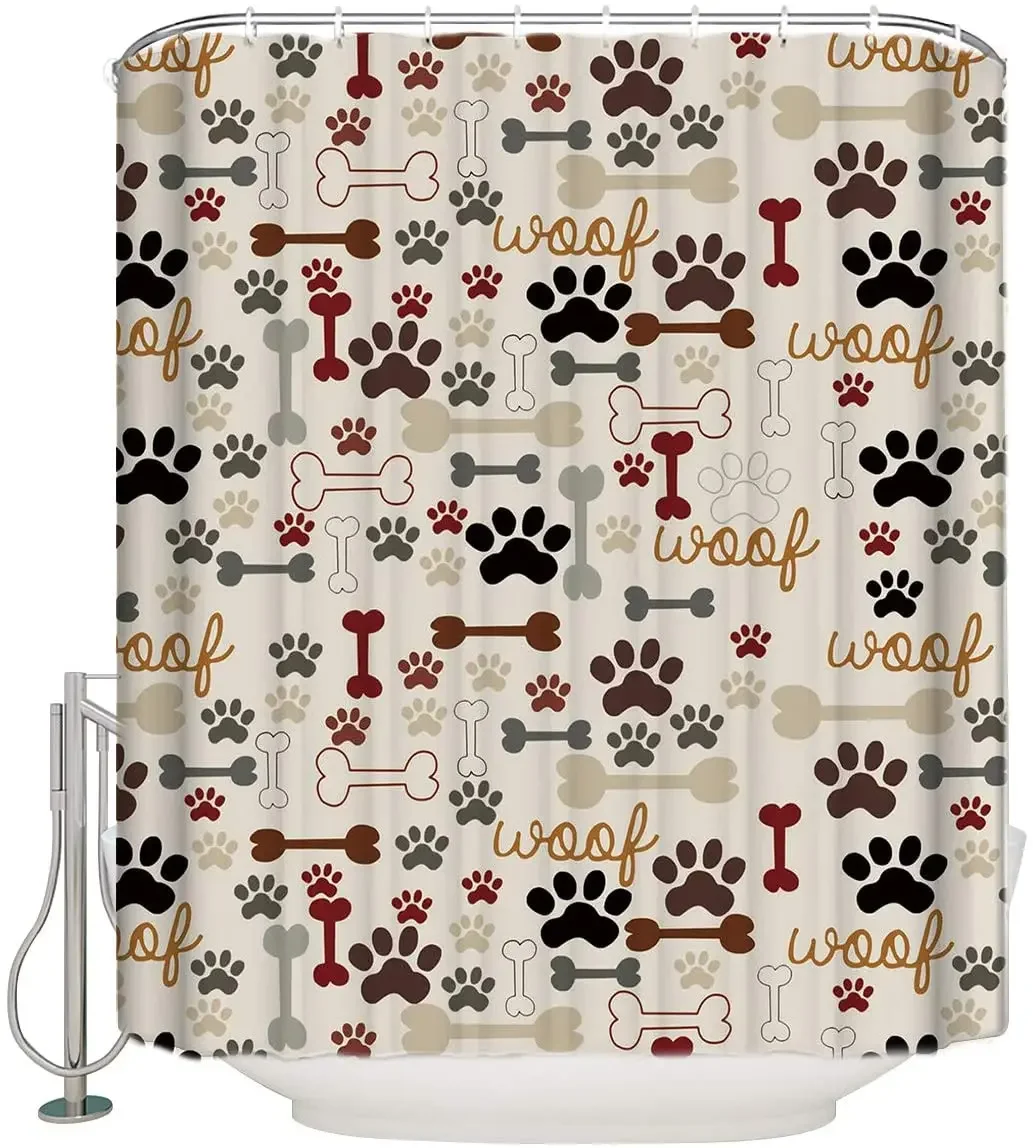 Funny Dog Shower Curtains Cute Cartoon Animal Paw Print Bones Children Bathroom Decor Polyester Fabric with Hooks Bathtub Screen