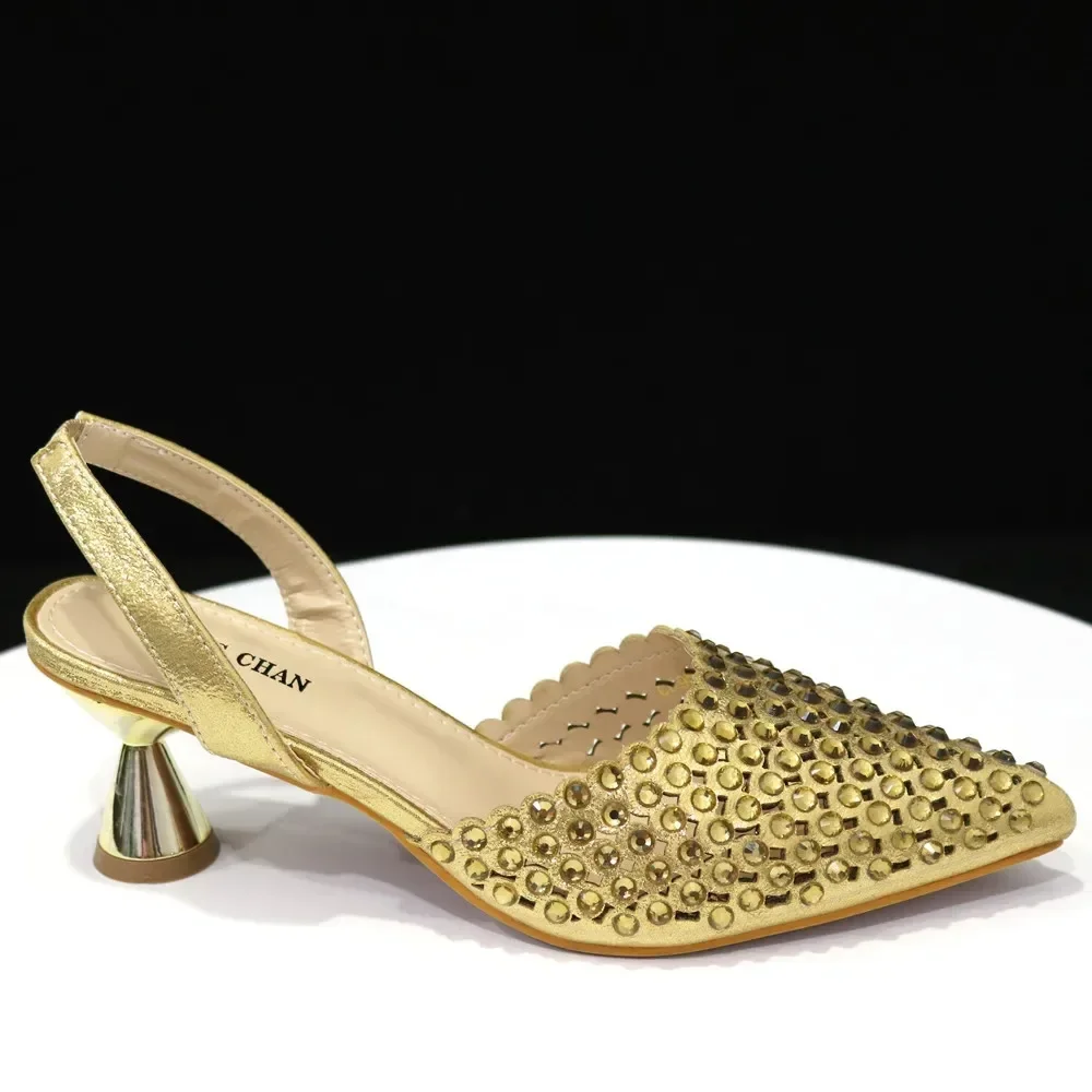 Shiny Gold Rhinestone Shoe & Bucket Bag Set | Pointed Crystal Heels, Womens Lux Wedding Eve Bridal Formal Prom Match Purse Kits