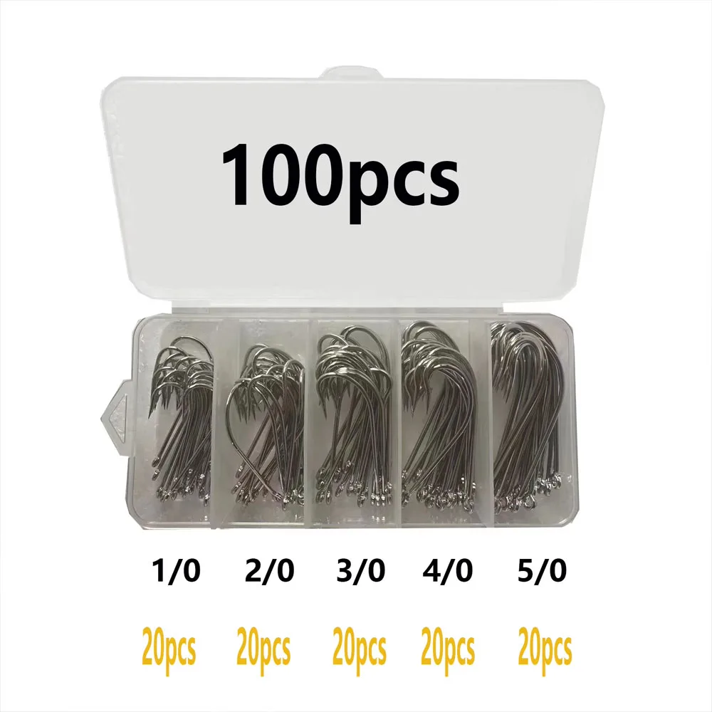 100 Stück/Box Seepferdchen-Angelhaken aus Hartstahl mit hohem Kohlenstoffgehalt – hoher Kohlenstoffgehalt, langer Schaft mit Öse und Widerhaken, Größen 1/0-5/0