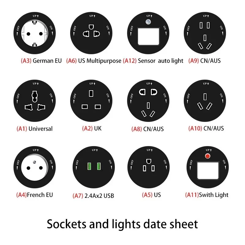 Power Tack Socket Embedded Surface Mounted Home Kitchen Meeting Table Multi-function Socket UK US DE EU Standard Socket With LED