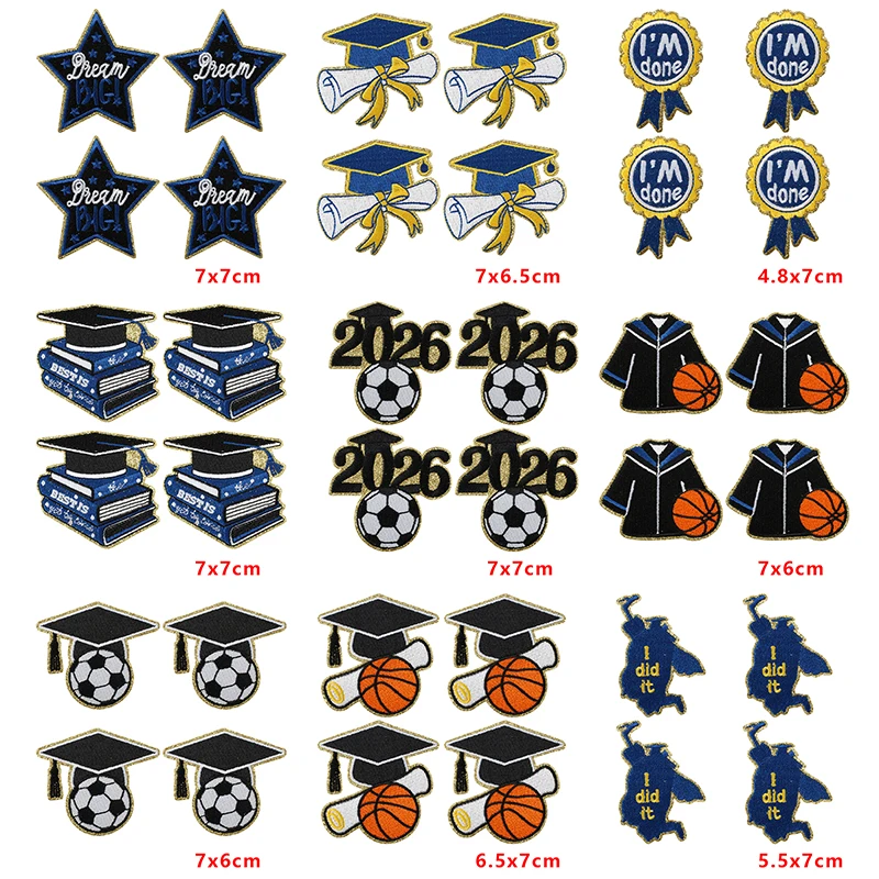 10Pcs 2026 Graduation Iron On Patches - Dream Big Star Sport Grad Cap Diploma Embroidered Patches On Clothes Backpacks DIY Decor