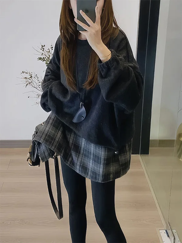 

Женский свитшот больших размеров с круглым вырезом, длинными рукавами, в клетку, с пэчворком, модный, осенний, новый, удобный, хлопковый