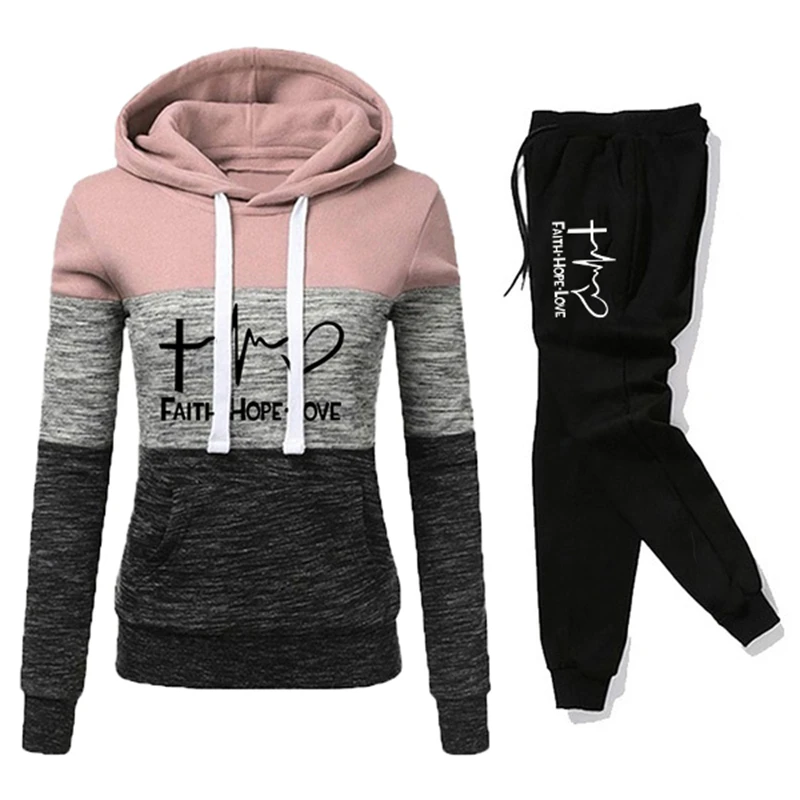 Women Tricolor Hoodie Set Ladies Tracksuits Fashion Pullover Top and Long Jogging Trousers 2 Pcs Set