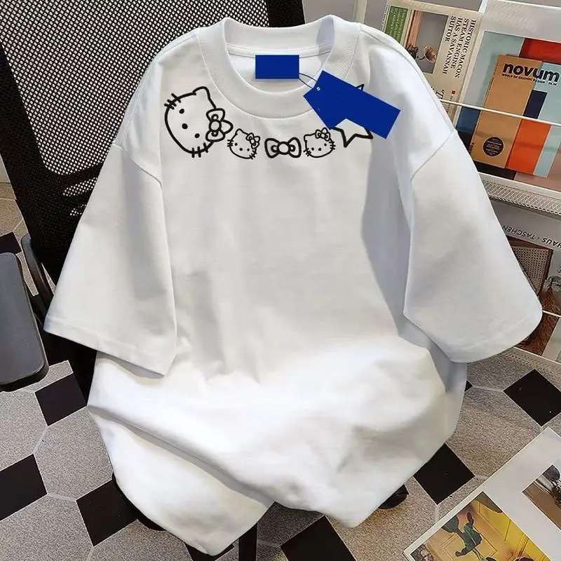 

Футболка Sanrio Hello Kitty из плотного хлопка с принтом и короткими рукавами для девочек, модные брендовые летние универсальные свободные топы в стиле Ins
