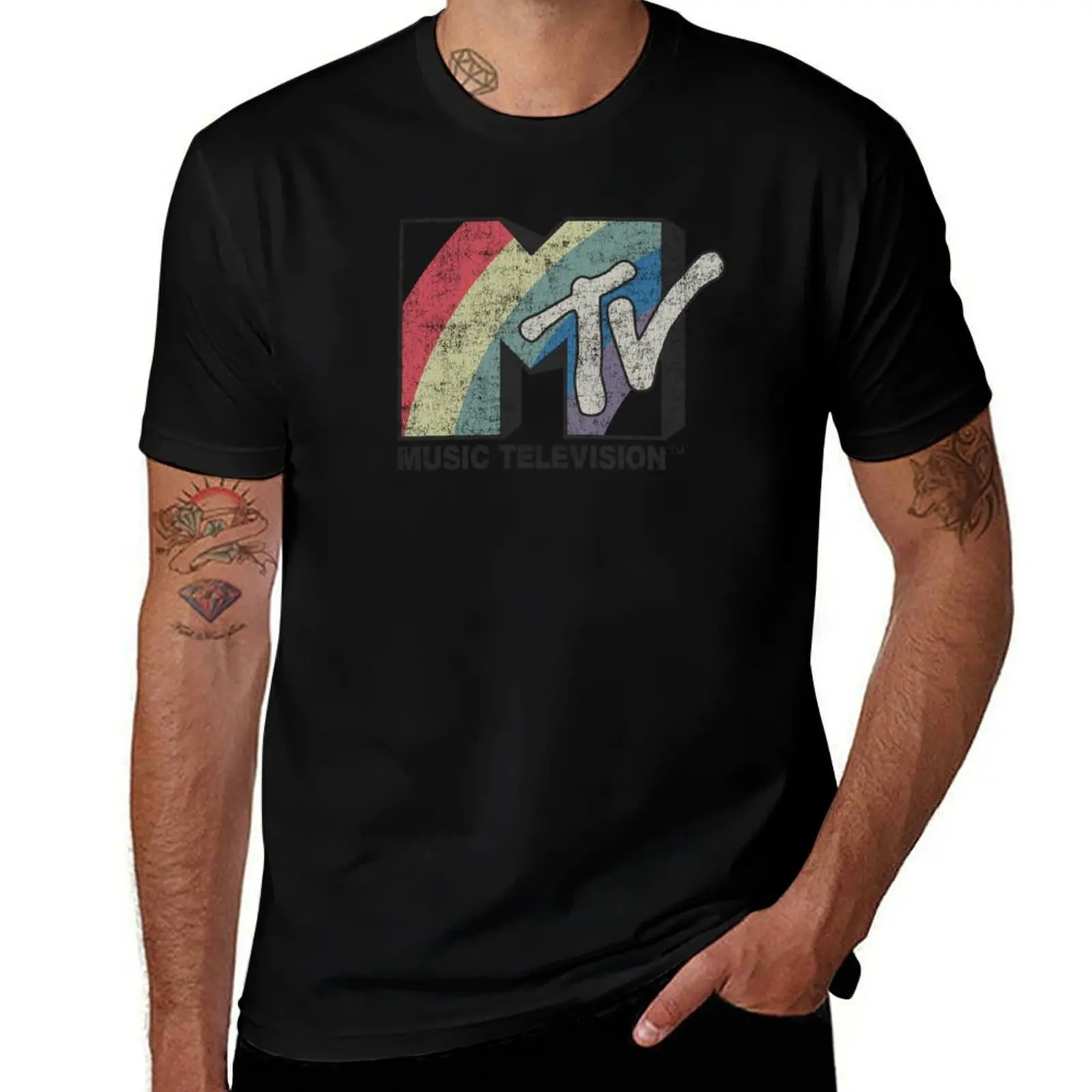 

MTV Distressed Rainbow Stripes Vintage MTV Logo T-Shirt sublime plus size clothes heavyweights mens t shirts top quality