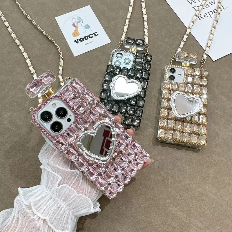 Bling 3D Love Heart Perfume Bottle Rhinestone Case For Iphone 16 15 14 12 11 13 Pro Max Xs Xr Plus DIY Long Strap Diamond Cover