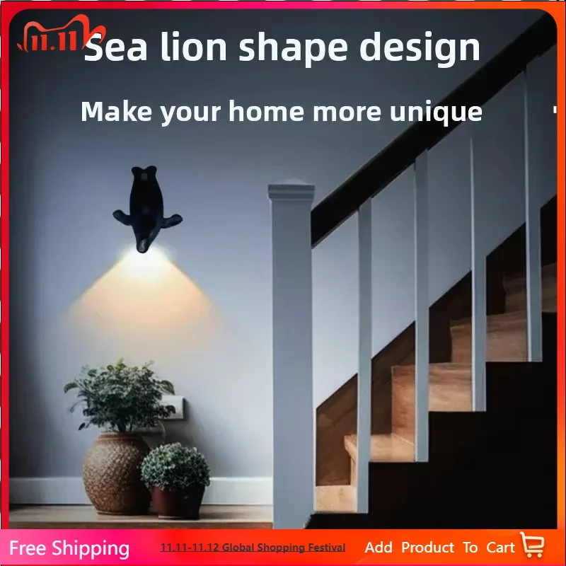 

LED Body Sensor Spotlight Wall Lamp - Bedroom Corridor Entrance Living Room Decorative Night Light with Sea Lion Design Wardrob