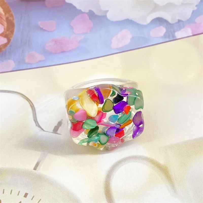 New ins style creative personality resin transparent ring small fresh color gravel wide face exaggerated hand jewelry wholesale