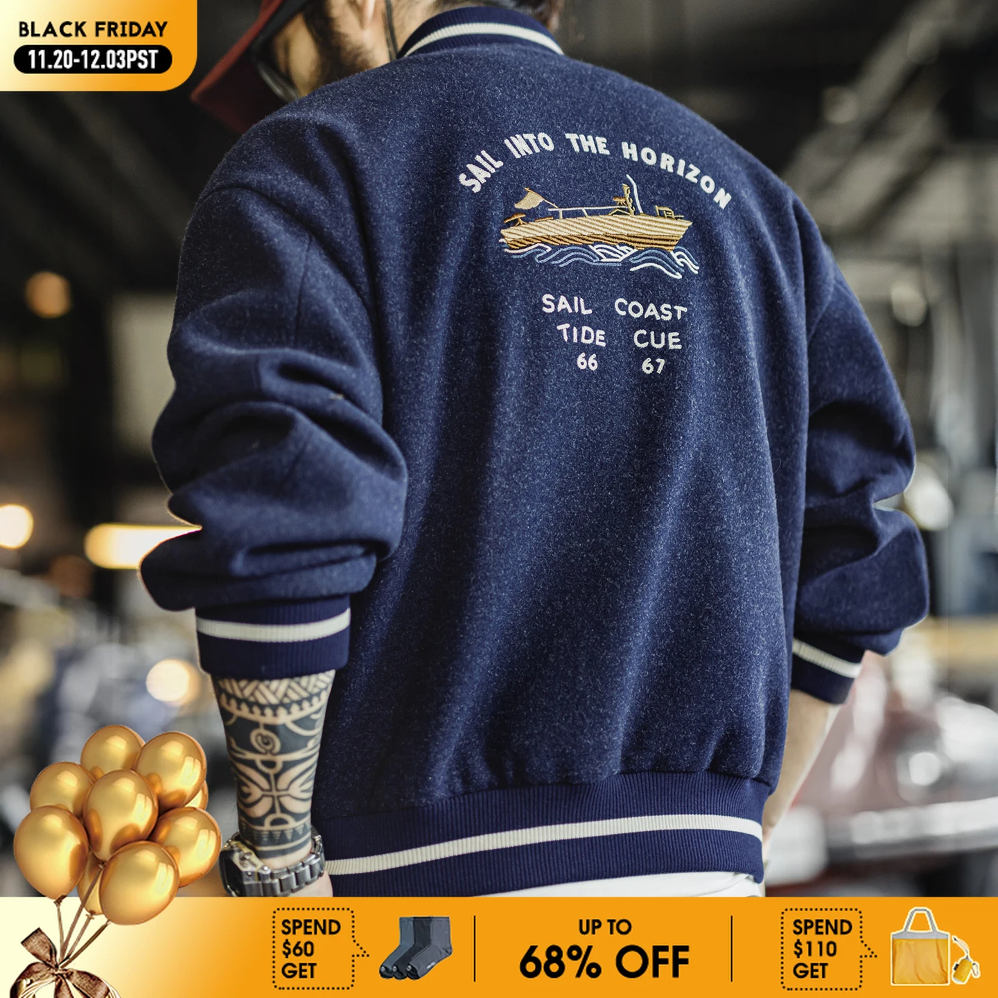 

Maden Vintage Men's Blue Baseball Jacket Contrast Embroidery Knit Varsity Coat Short Zip-up Outerwear for Fall Winter Streetwear