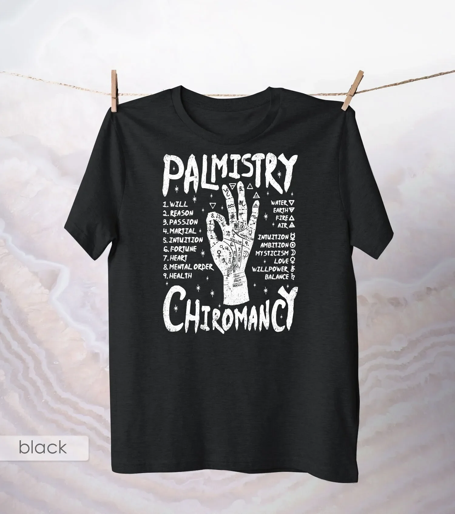 قراءة الكف Chiromancy تي شيرت الملابس القطنية الملابس السوداء العرافة الرعب الكبار النساء Pinterest Merch