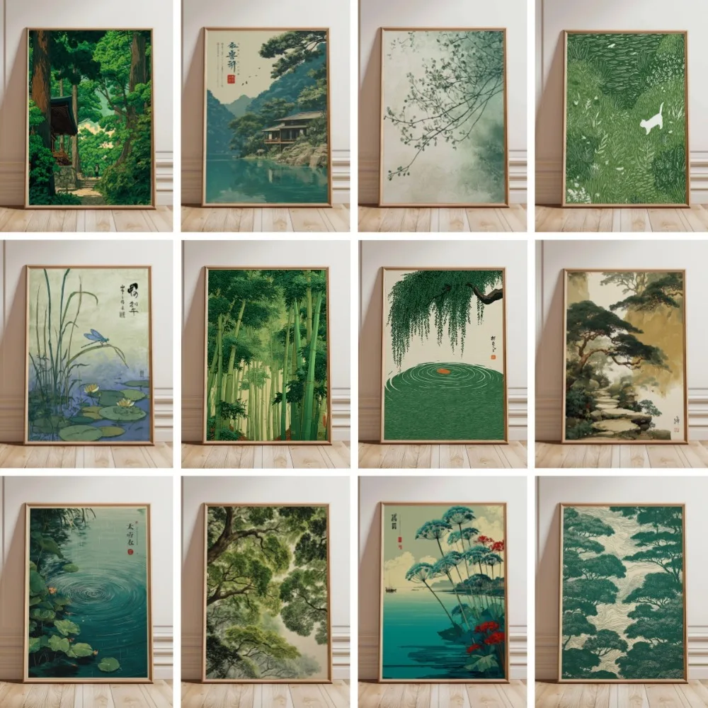 Rahmenloser japanischer Gartenbaum-Druck, Landschaftskunstdruck, minimalistische Blätter, Frühlingsdekoration, Wandkunstdekoration für Wohnzimmer/Schlafzimmer