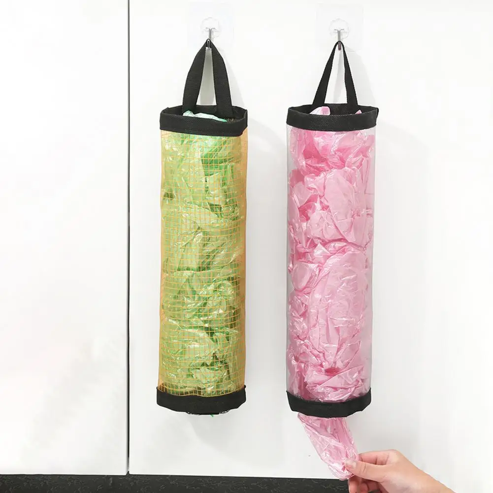 Garbage Bag Storage Pouch Hollow Mesh Wall Hanging Home Dorm Plastic Bag Holder Grocery Bag Organizer Trash Bags Dispenser