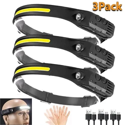 1-3Pack LED Headlamp USB Rechargeable Sensor Flashlight XPE+COB Camping Waterproof Lantern Headlight for Fishing Hunting Gifts