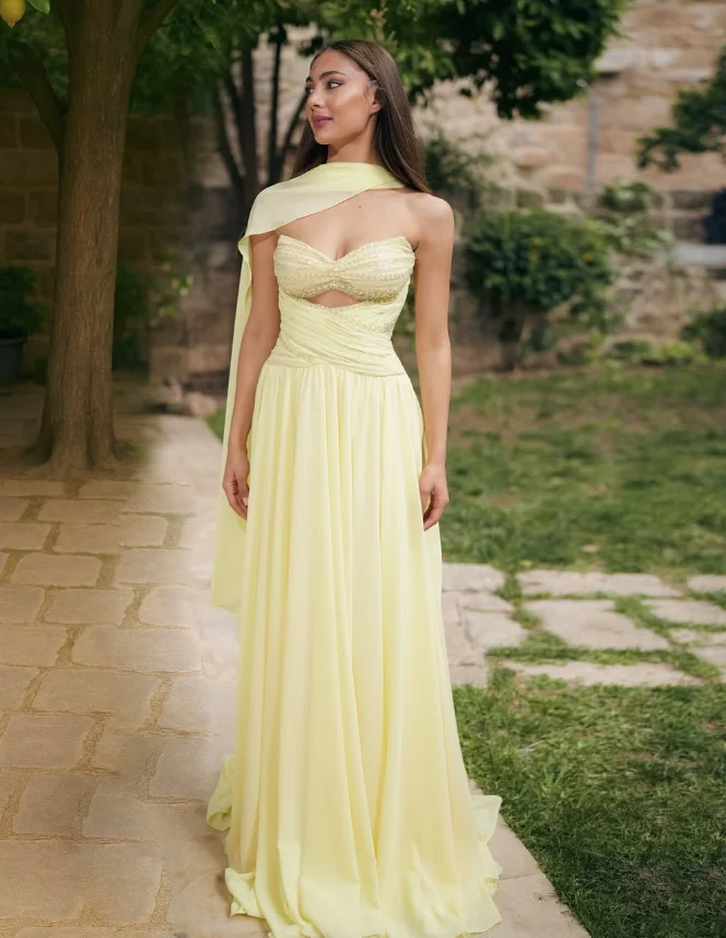 Customized High Quality Sweetheart Floor Length Sleeveless Beaded Yellow Wrinkle Halter One Shoulder  Evening Dresses Women